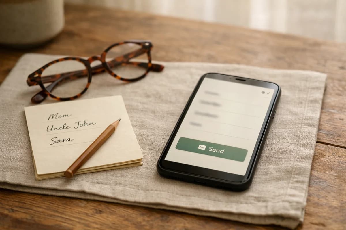 A smartphone on a warm kitchen table showing a list of names to invite, beside reading glasses and a handwritten notepad