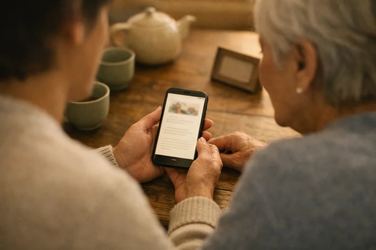 Two people sitting together at a warm table, privately sharing the digital memory collection on a phone screen