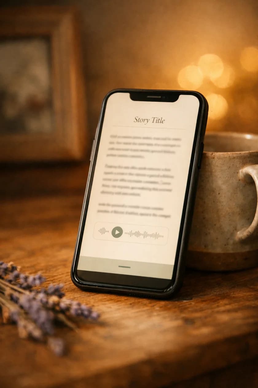 A smartphone propped up on a warm table showing the digital memory collection with personal stories and an audio waveform